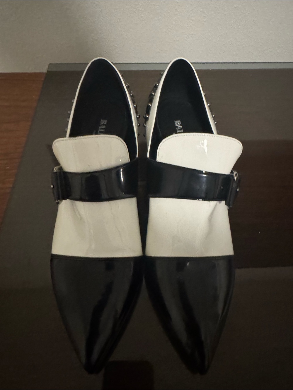 BALMAIN Black and White Pointed Leather women’s Slip-On Loafers